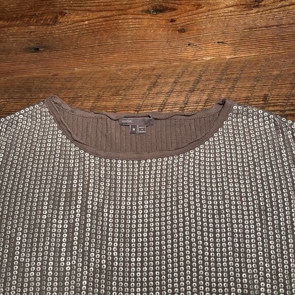 Vince Tunic Top Womens Medium Taupe Metallic Silver Sequins Short Sleeve Draped - Picture 7 of 11